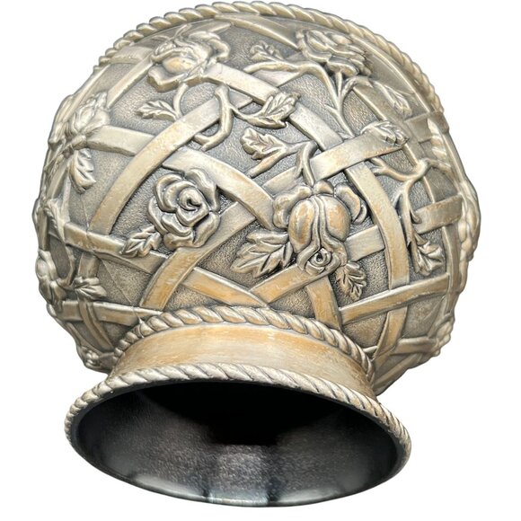 Vintage Pewter Trinket Dish Vase Intricate Trellis Climbing Rose Basket Weaved - Picture 4 of 9